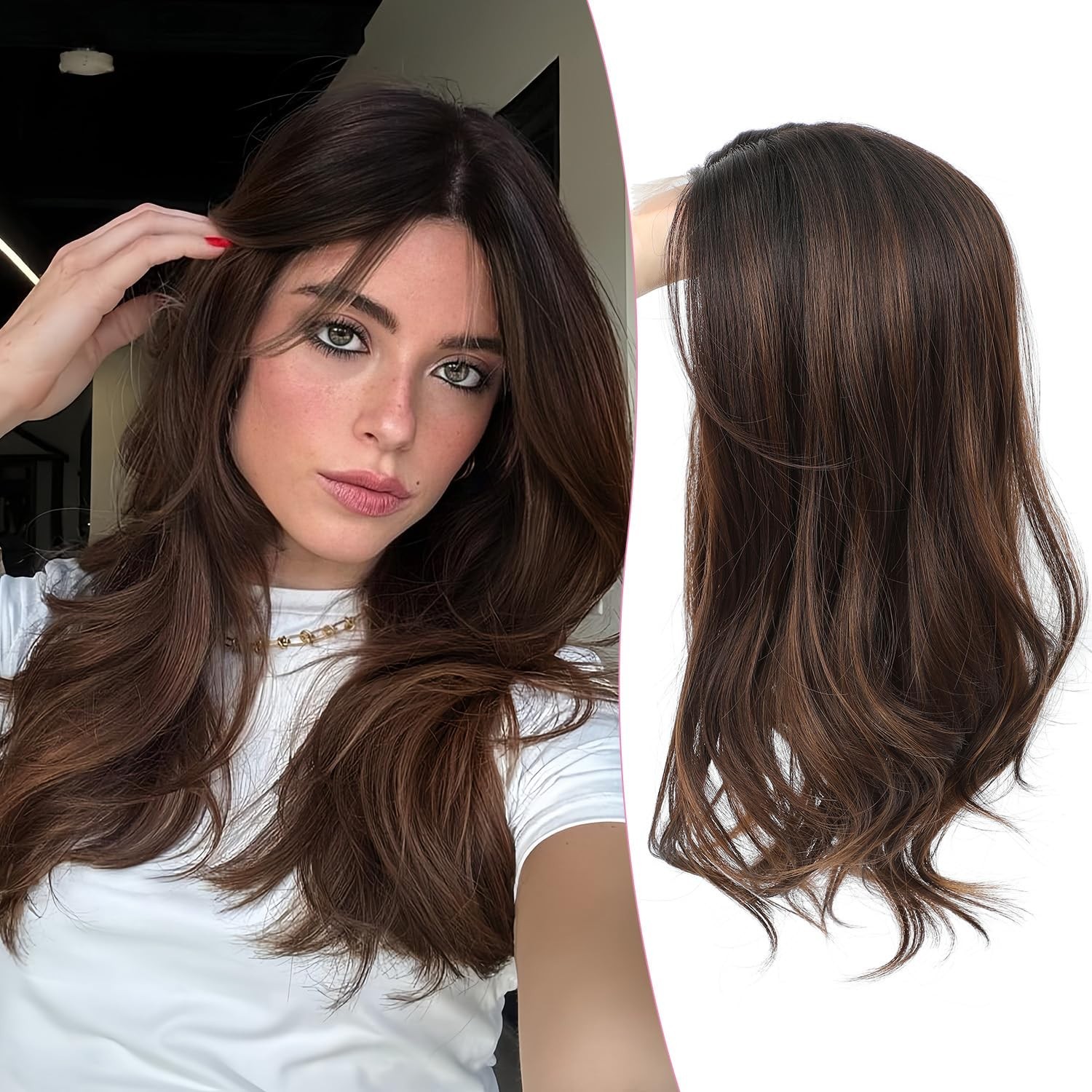 Ombre Chocolate Brown Black Roots Wavy 18in Women Premium Hair Topper