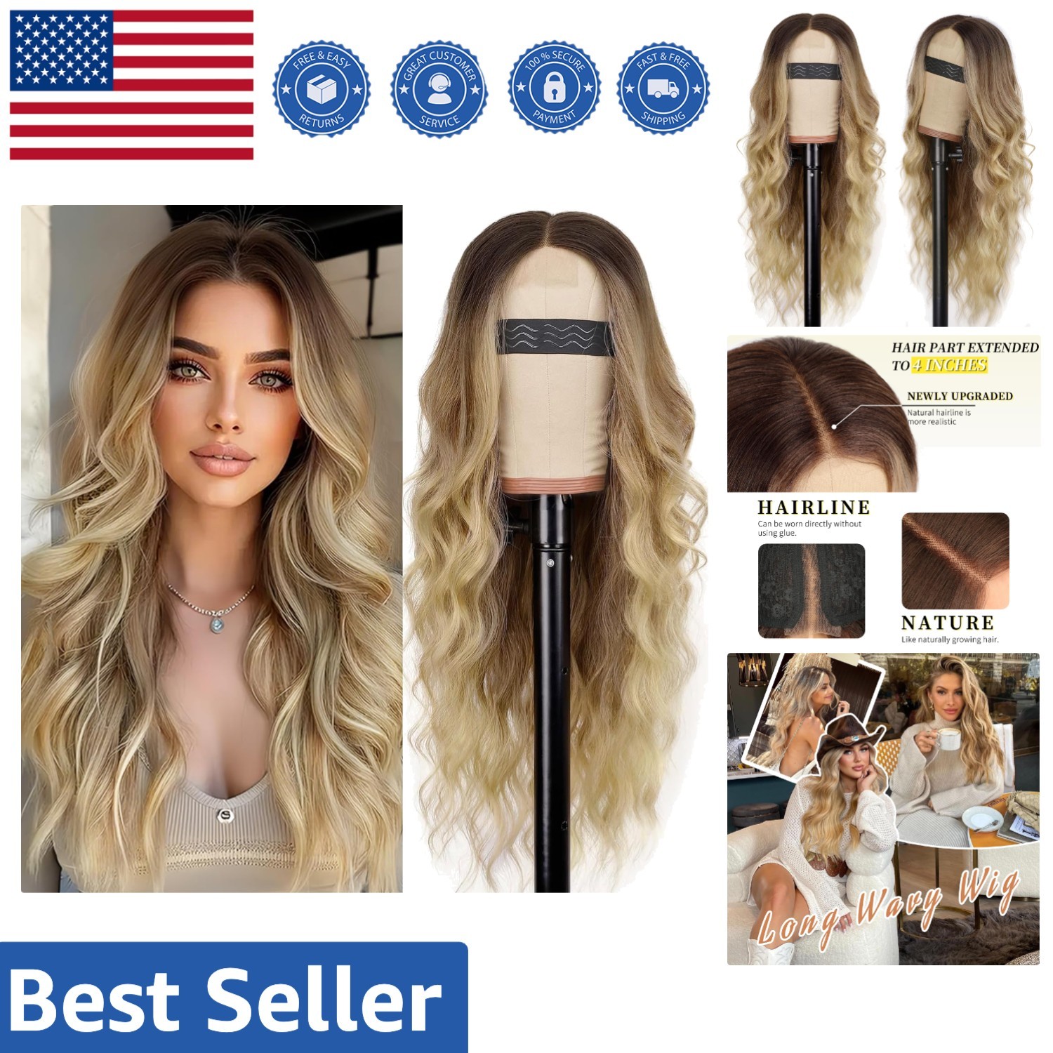 26-Inch Ombre Blonde Wavy Wig – Glueless Lace Hairline for Effortless Elegance