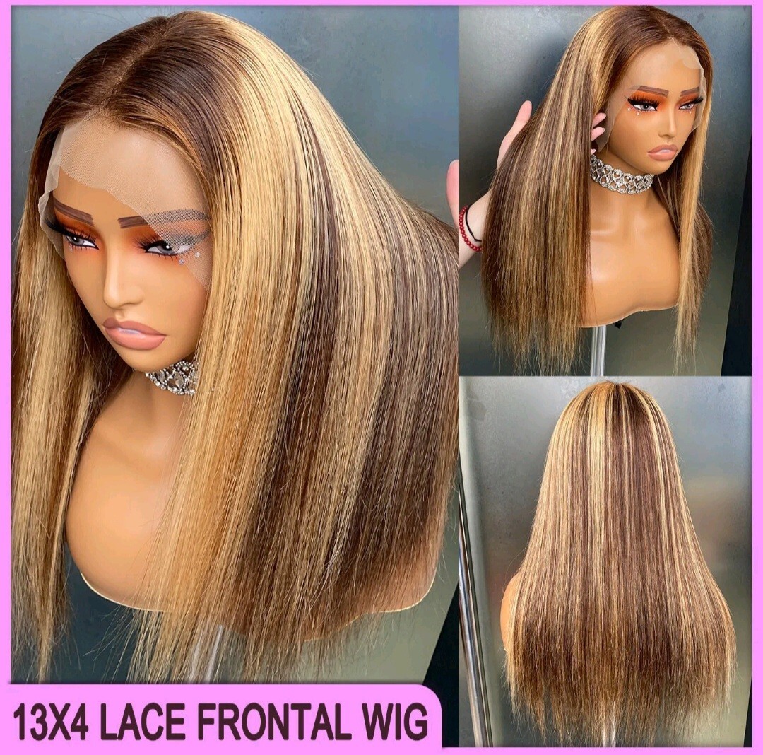 12A 14INCH PERUVIAN RAW VIRGIN HUMAN HAIR P4/27# STRAIGHT LACE FRONTAL WIG 180%