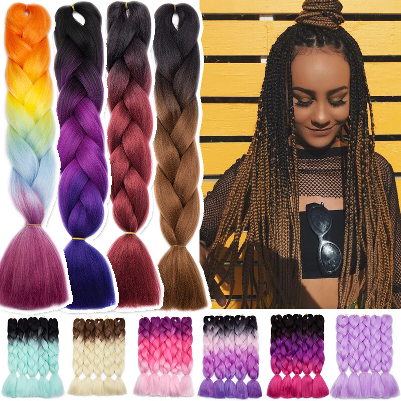 Rainbow 3 Tone Ombre Jumbo Braid Hair Extension Natural Fiber Twist Braiding