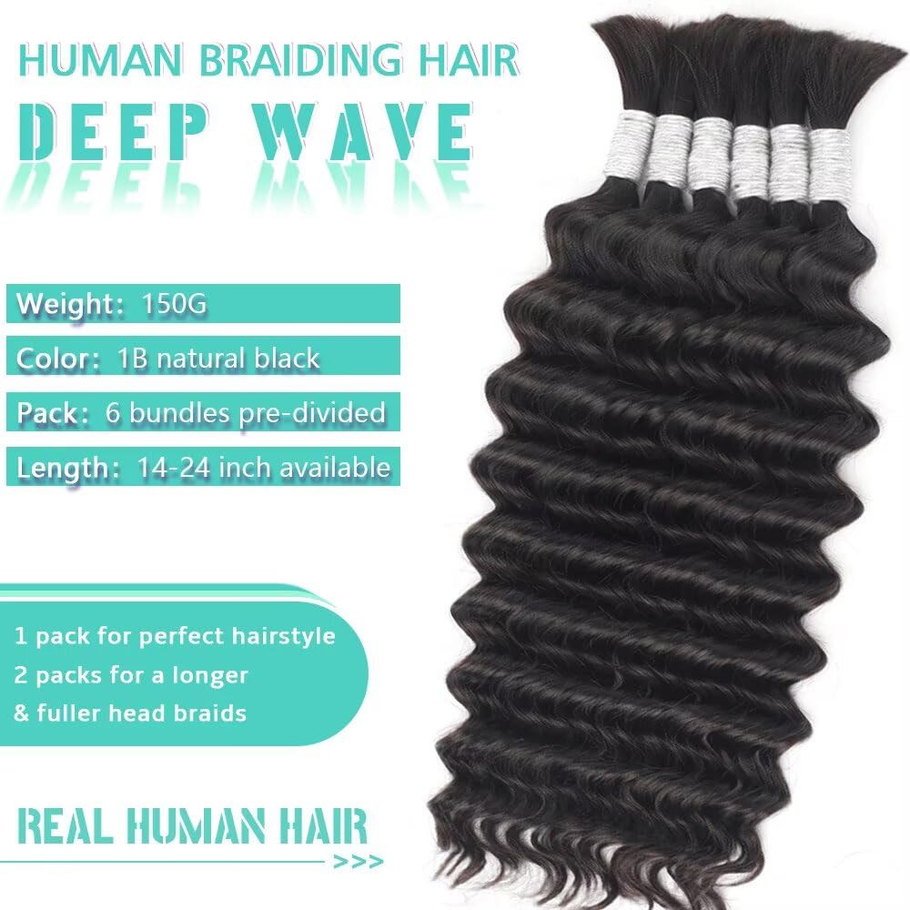 Human Braiding Hair for Boho Braids Deep Wave Bundles Human Hair 150G 6 Bundles/