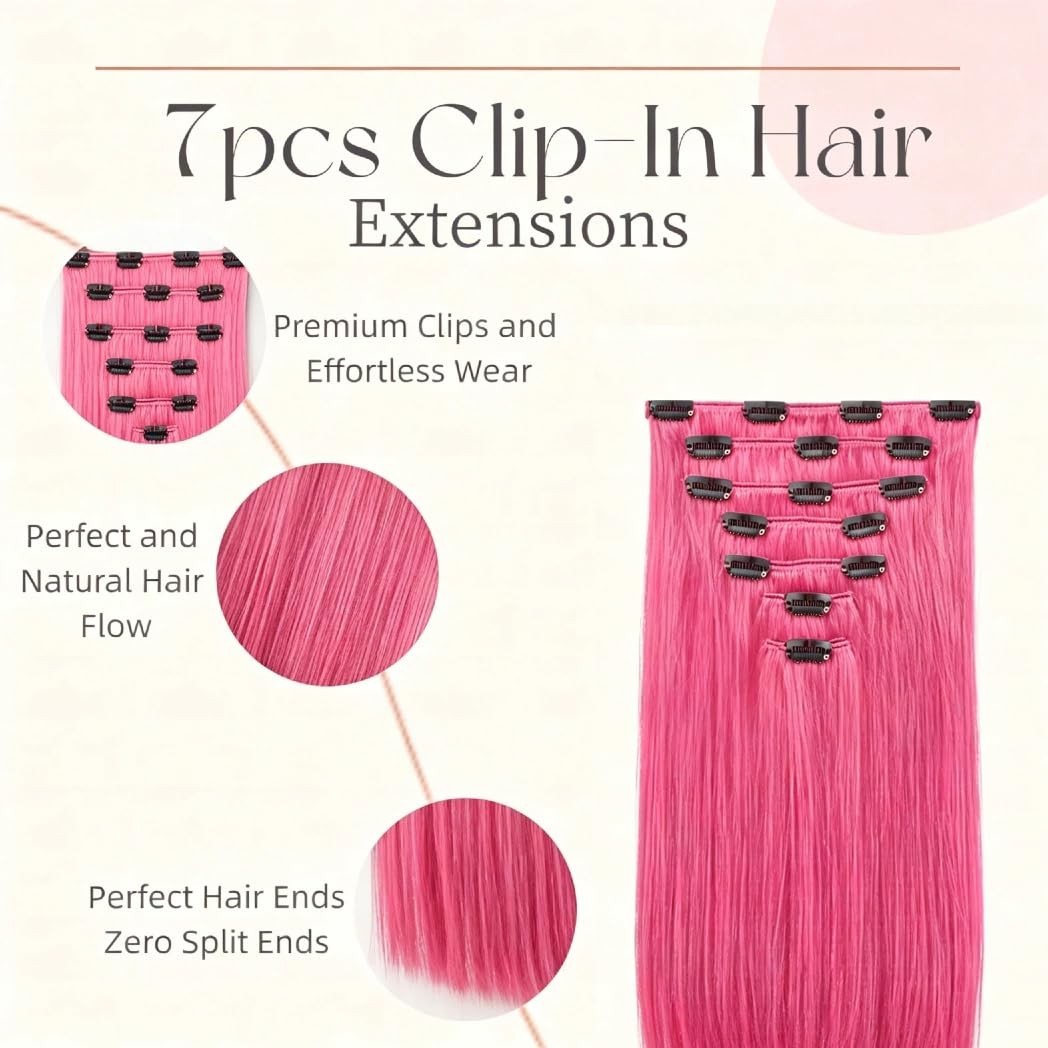 20″ 110g Pink Clip-In Hair Extensions, Real Remy Human Hair, Soft & Invisible, 7
