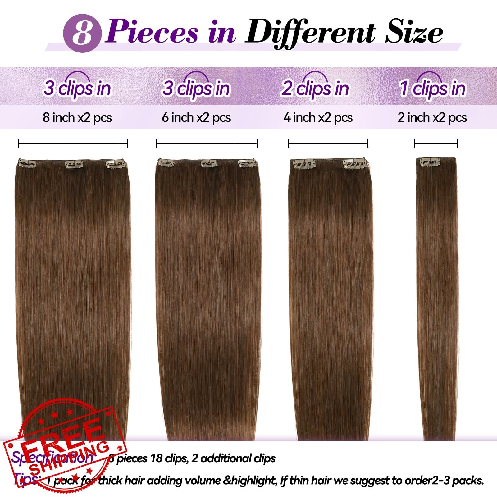 Ugeat 24″ Clip-in Human Hair Extensions Chocolate Brown 120g Double Weft 8pcs