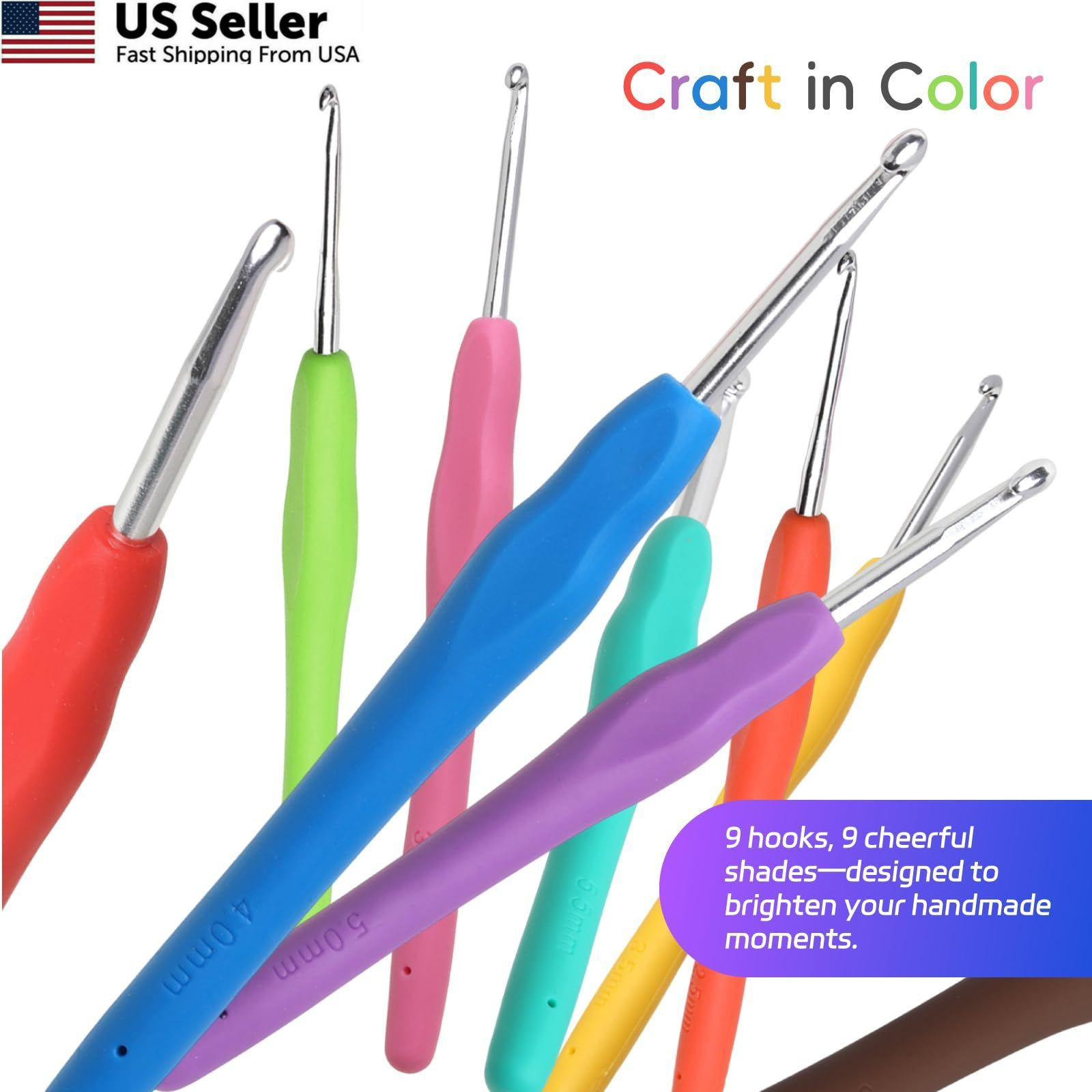 9PCS Ergonomic Crochet Hooks Set by Flickzo – Aluminum 2-6mm, Multicolor