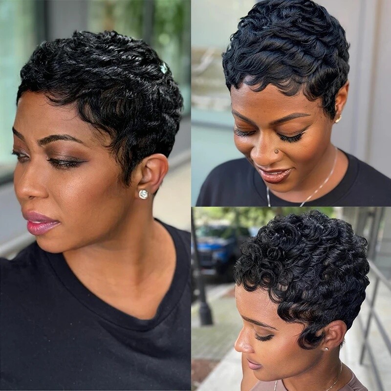 Short Black Wave Pixie Cut Wigs Glueless Wigs 100% Human Hair Wig None Lace