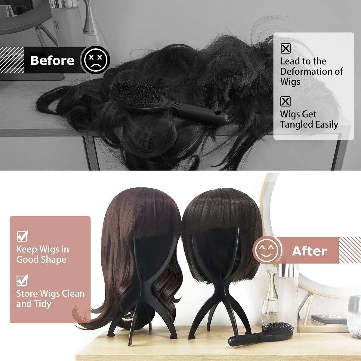 Multi-Purpose Wig Stand Set – Durable Black Holder for Wigs & Masks, 3 Pack