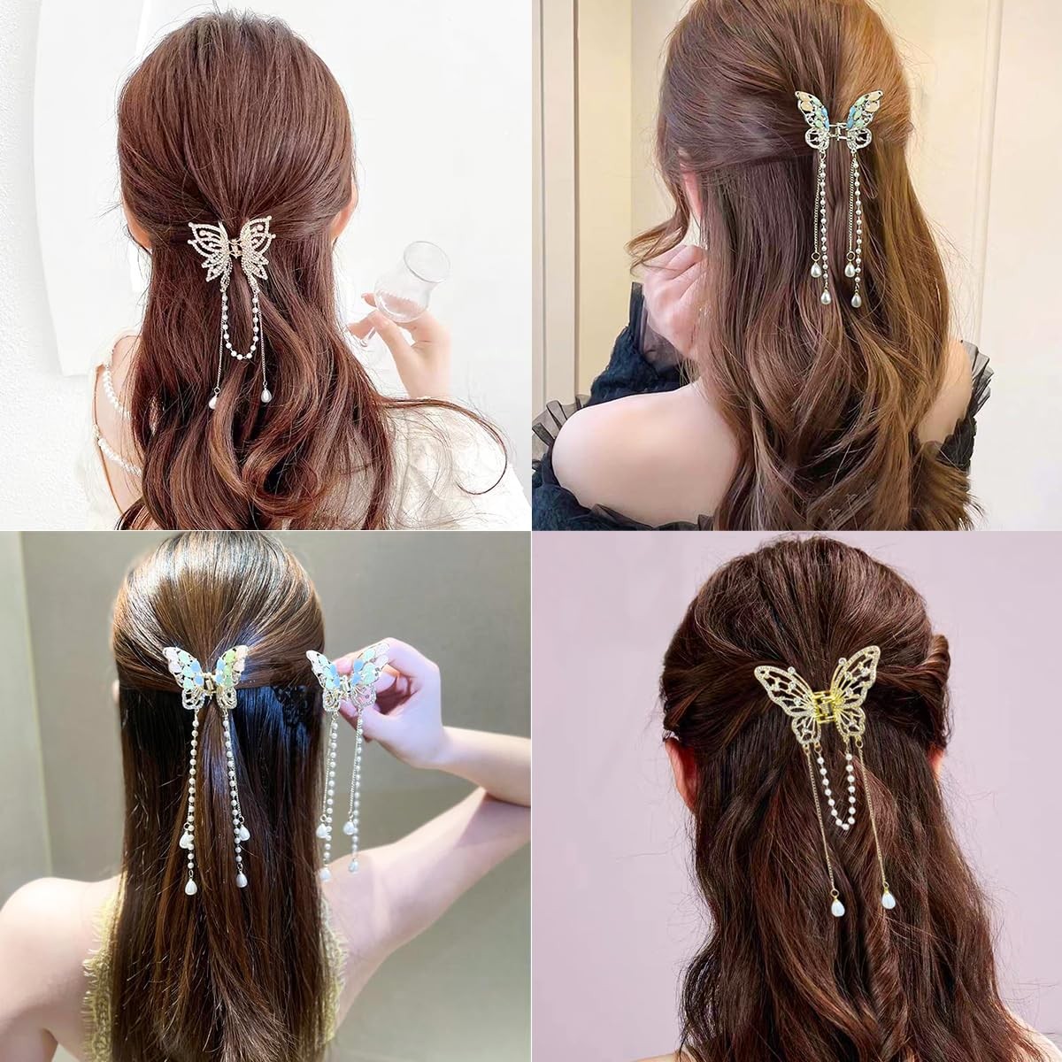 3 Pieces Butterfly Hair Claw Clip Butterfly Tassel Hair Clips Rhinestone Metal E