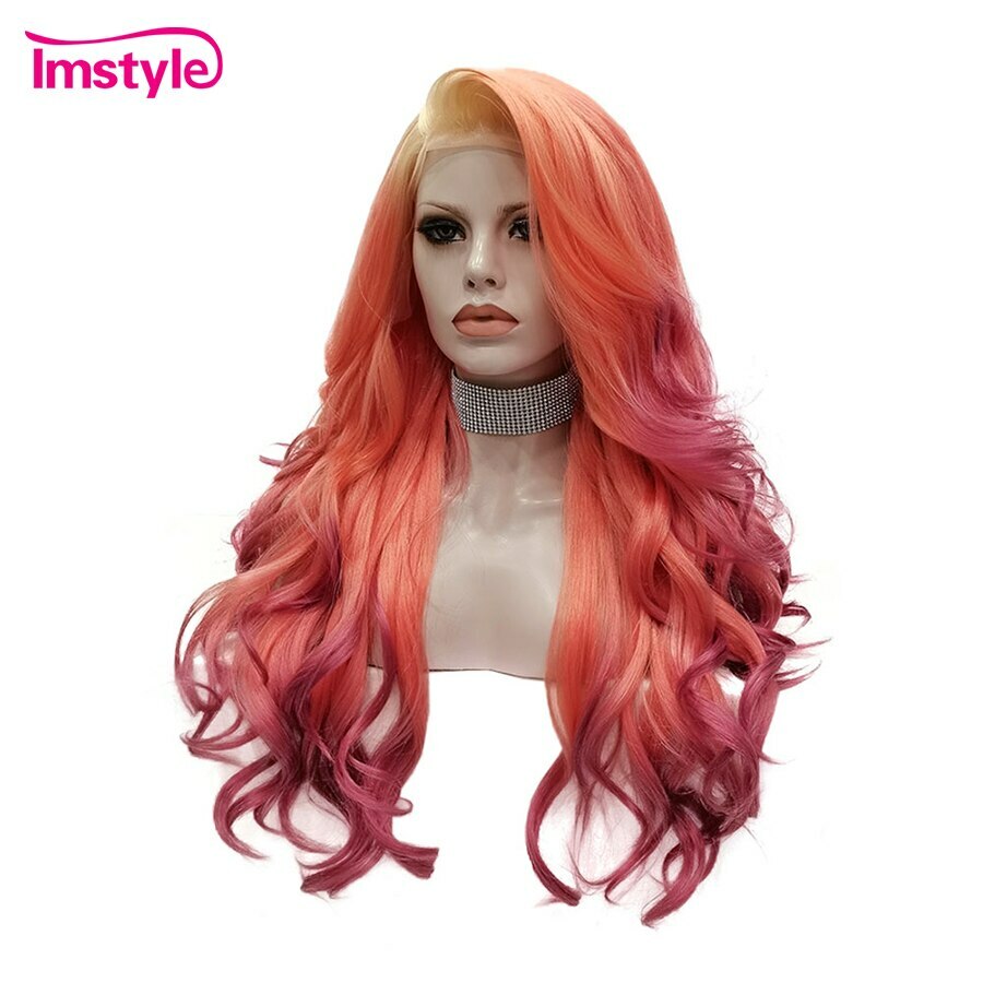 Ombre Orange Red Wigs Women Synthetic Lace Front Wig Heat Fiber Glueless Long