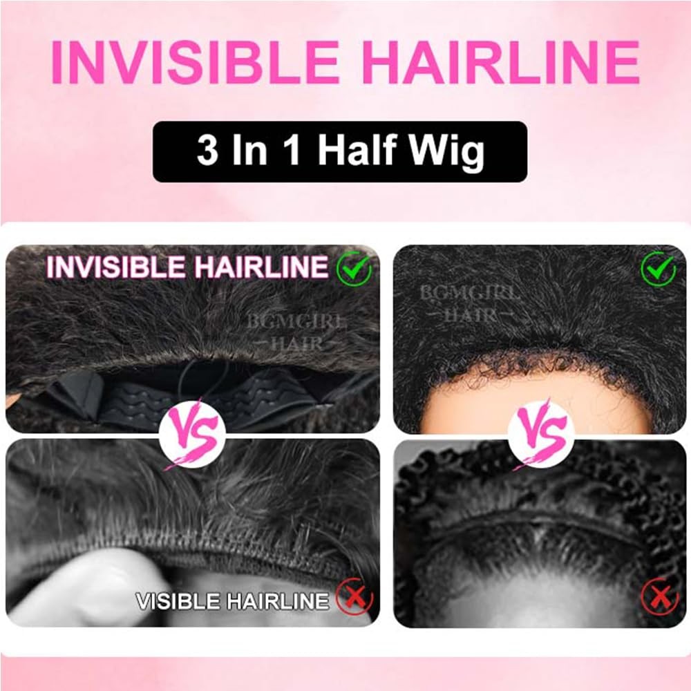 Bgm Girl Half Wig Human Hair Kinky Curly 3 In 1 Wigs Beginner Friendly Flip