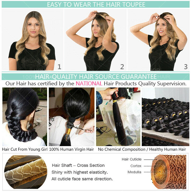 100% Remy Human Hair Topper Toupee Hairpiece Wigs Clip In Silk Base Honey Brown