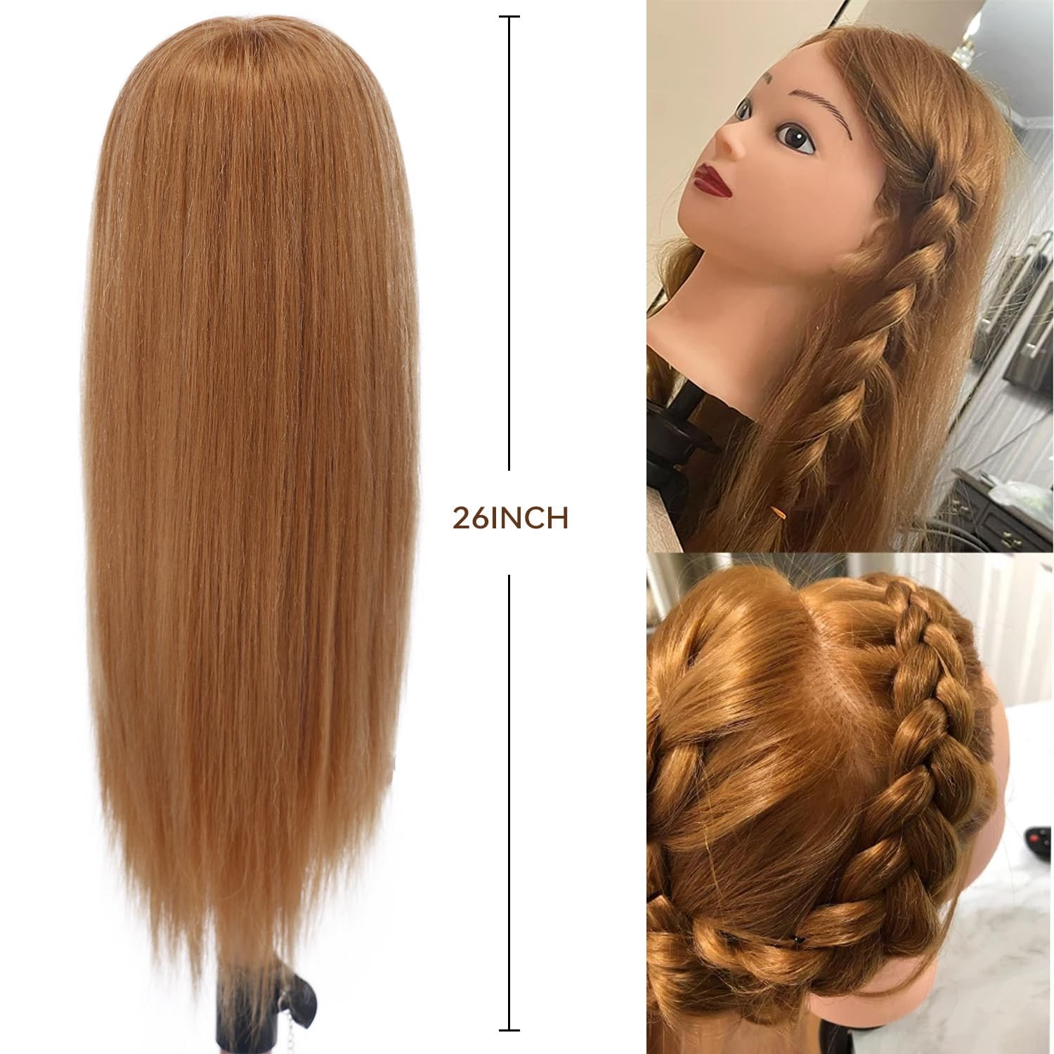 Human Hair Mannequin Head 26-28 for Cosmetology Practice with Clamp Tools