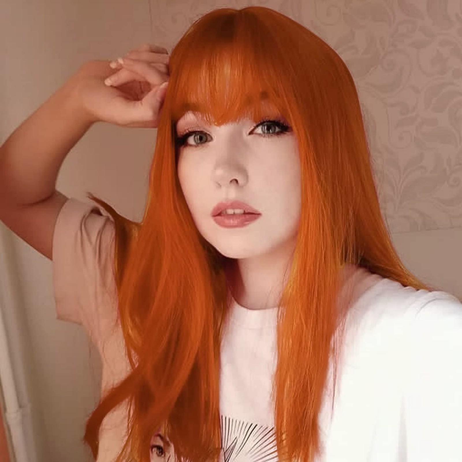 ANOGOL Hair Cap+32 in/ 80 cm Long Straight Orange Wig with Bangs Synthetic Ha…