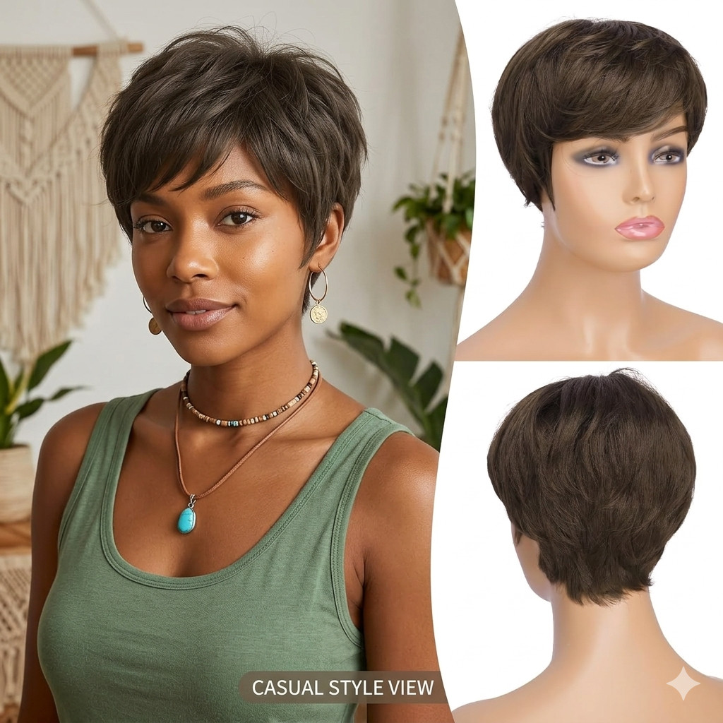 Short Dark Brown Pixie Wig woman natural layer wave synthetic daily party stage