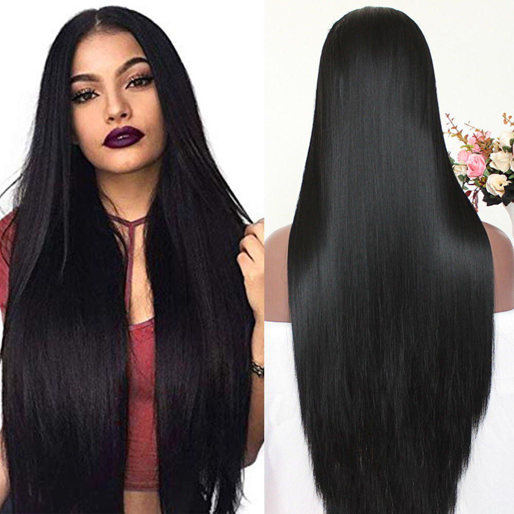 Women Black Long Straight Heat Resistant Human Hair Wig Natural Hairpiece NEW