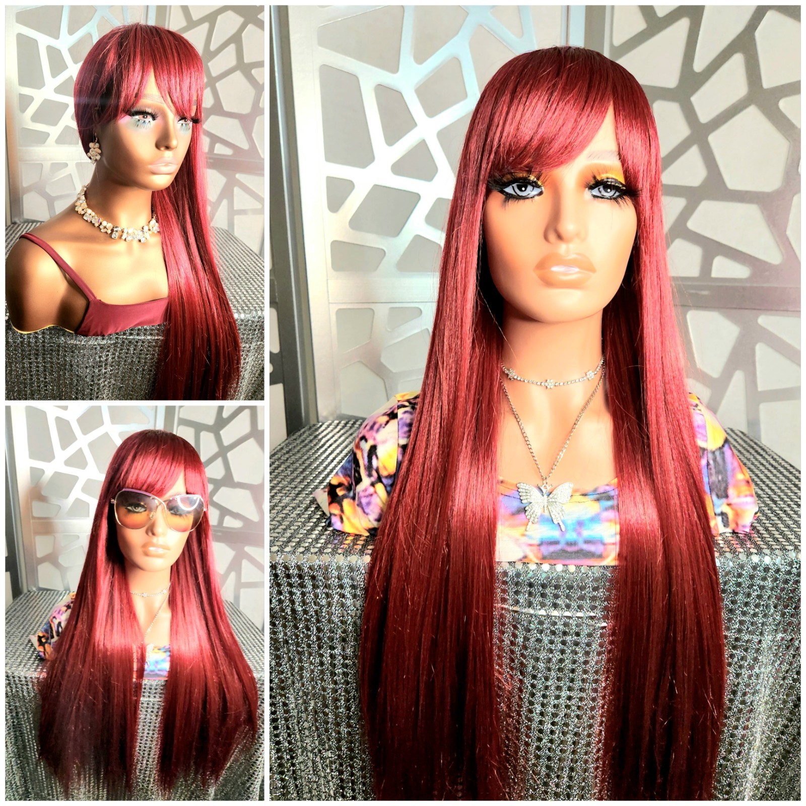 Red Wig with Bangs Straight Wig Long Red Wig Burgundy Red Wigs Glueless Heatsafe