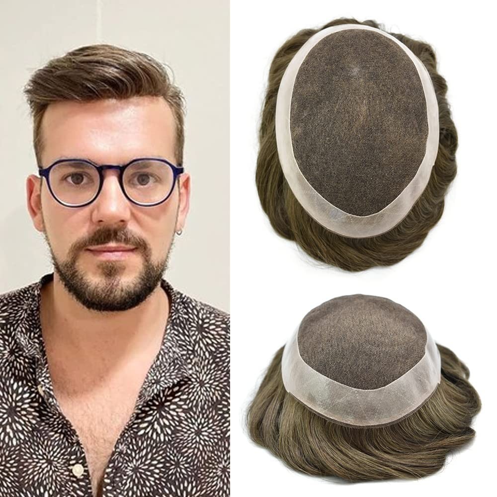 Mens Toupee FULL FRENCH LACE Hairpiece Skin PU Around Hair Replacement Wigs
