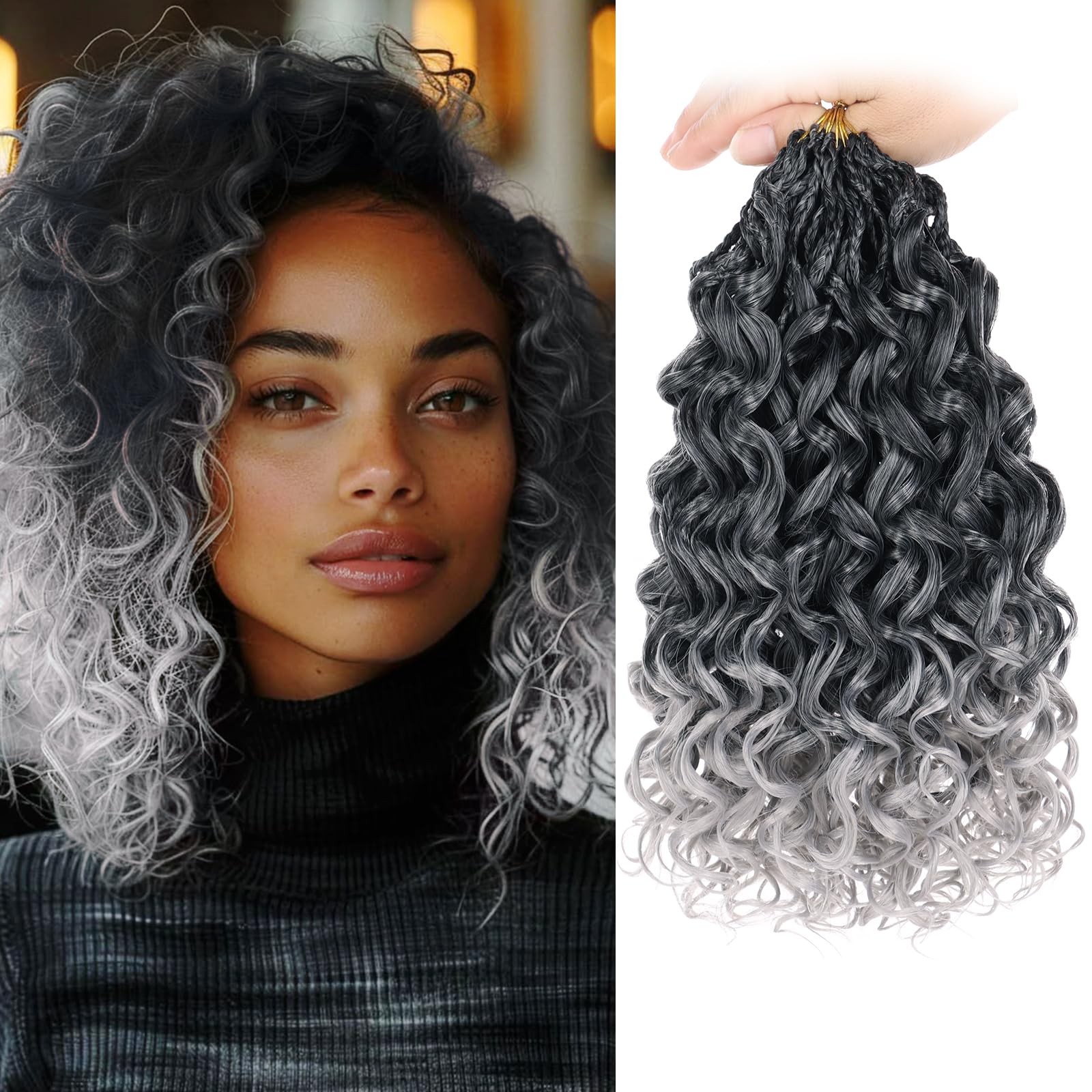 Leeven Gogo Curl Crochet Hair 10″ 8 Packs Ombre Gray Ocean Wave Braids