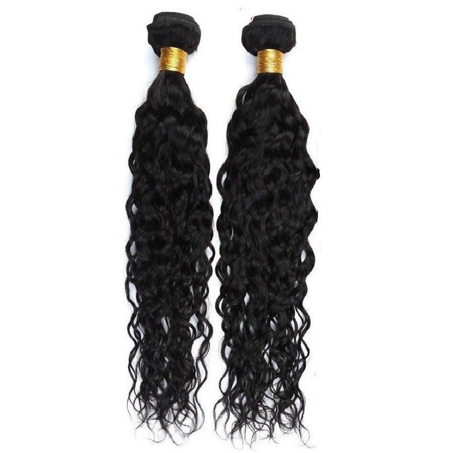 Water Wave Brazilian Virgin human Hair 2 Bundles with Lace Frontal natural black