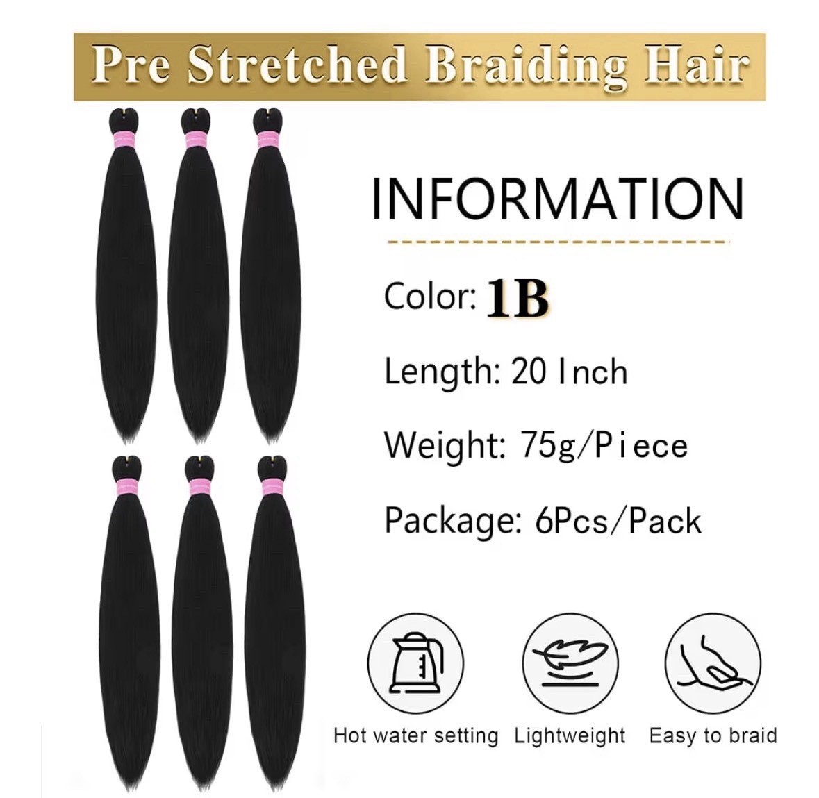 Braiding Pre Stretched 20 Inch 6Pcs/Pack Hair Extensions Yaki Synthetic 1B Black