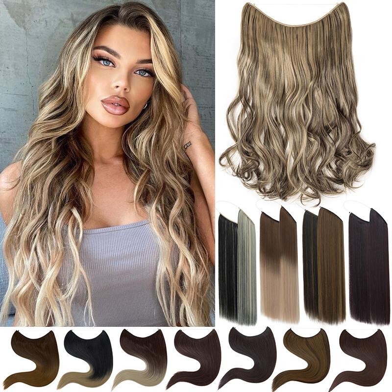 Highlight Invisible Wire Hair Extension Adjustable Transparent Headband Wavy 20″
