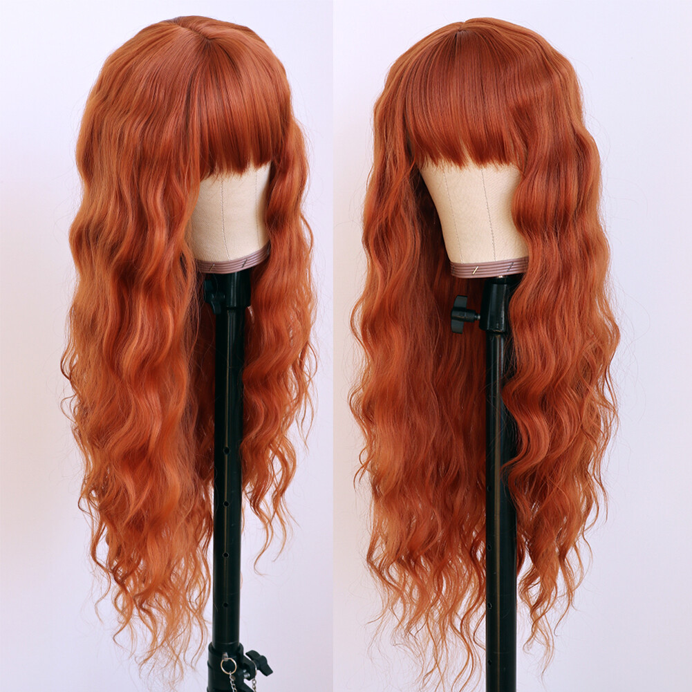 Long Loose Wavy Wig Orange Heat Resistant Synthetic Hair Wigs Full Bangs Natural
