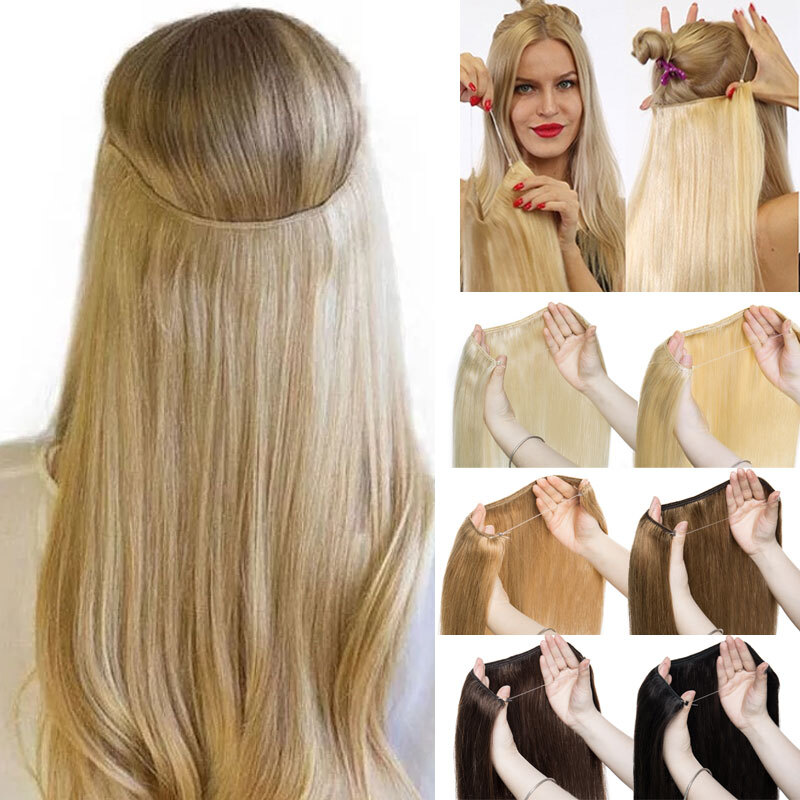 THICK Remy Human Hair Extensions Headband Invisible Hidden Wire Line with Clips