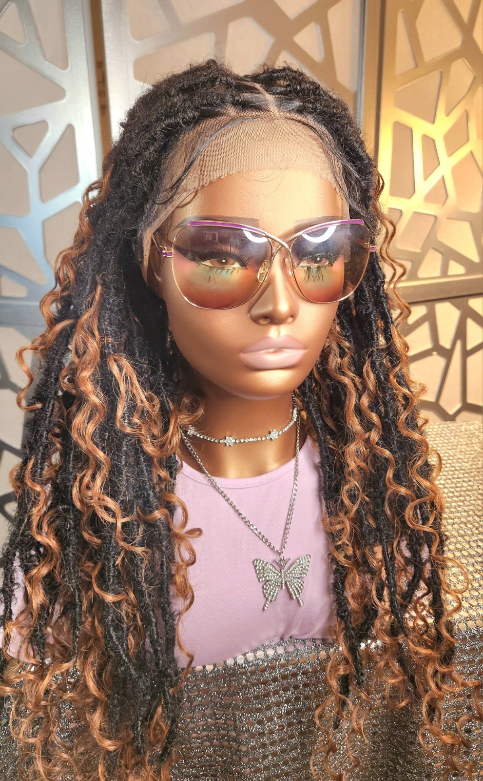 Boho Knotless Dreadlocks Wig 13×6 Lace Front Ombre Black Auburn Curly Ends