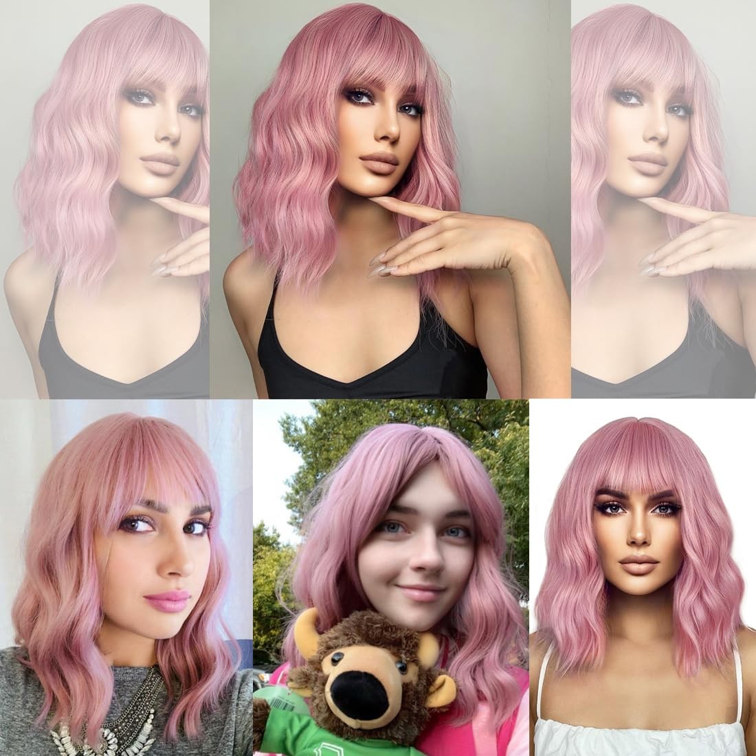 14 Inches Pink Wig for Women Girls Short Curly Synthetic Wig with Bangs Lovel…