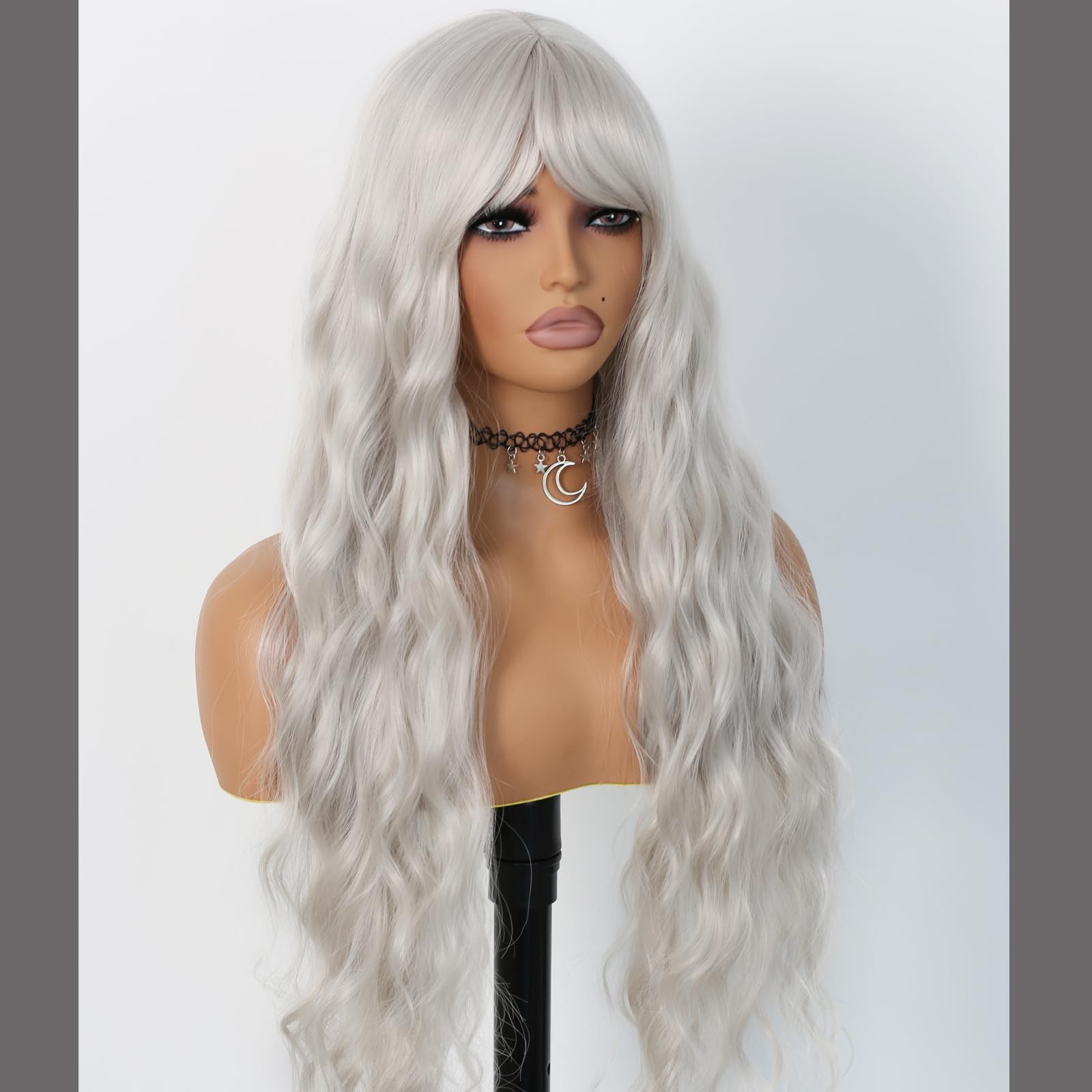 Silver Gray Wig with Bangs Grey Wigs for Women Long Curly Wig with Air Bangs …