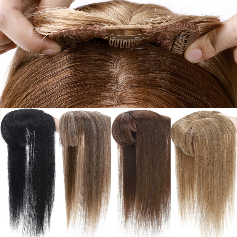 130% Clip in Human Hair Topper Hairpiece Toupee Wigs with Bangs For Loss Hair US