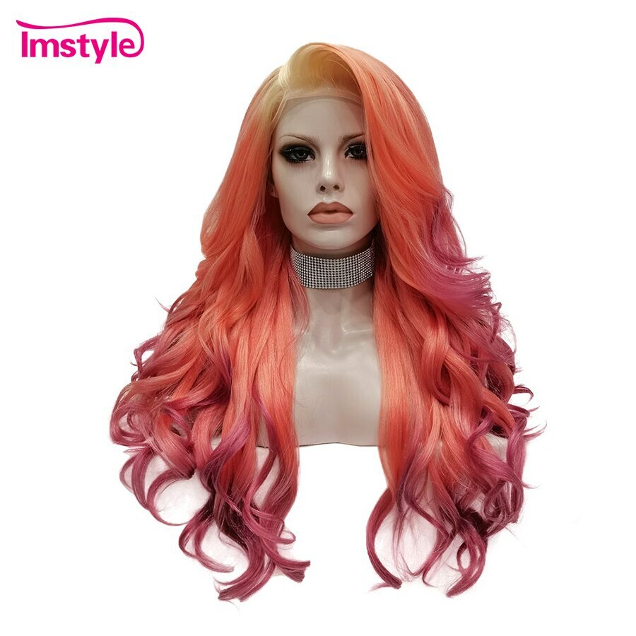 Ombre Orange Red Wigs Women Synthetic Lace Front Wig Heat Fiber Glueless Long