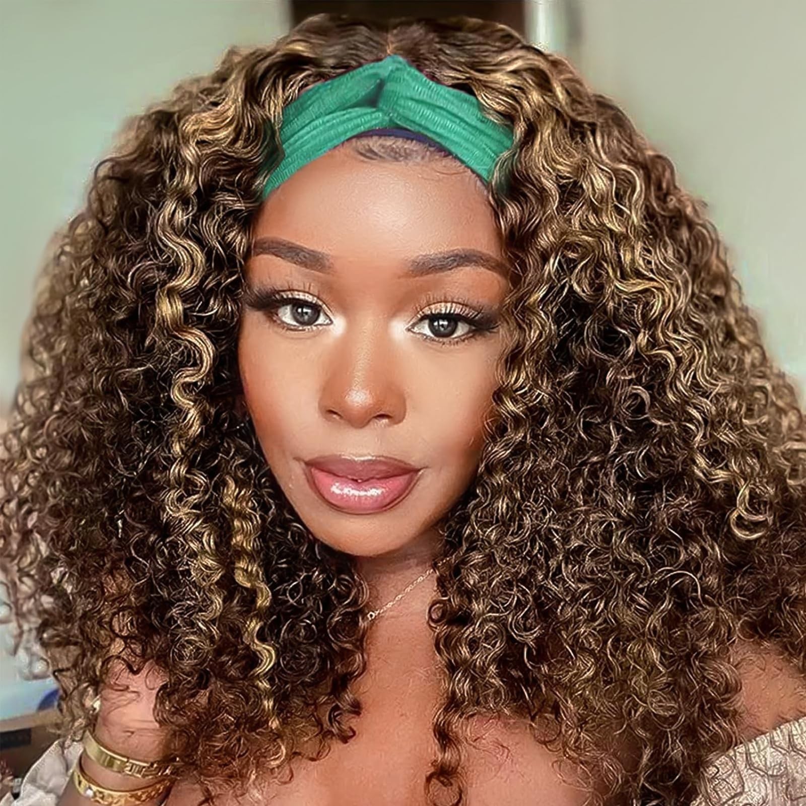 AISI QUEENS Headband Wig Human Hair Glueless Curly Highlight for Black Women 14i