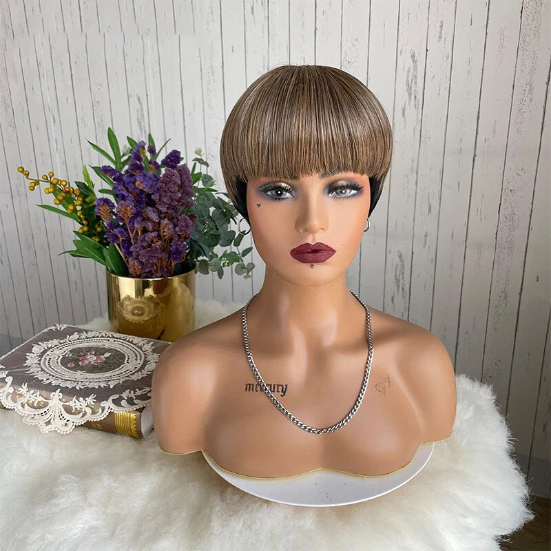 Pixie Cut Wigs with Bangs for Black Women Short Ombre Ash Brown Mixed Black Wigs