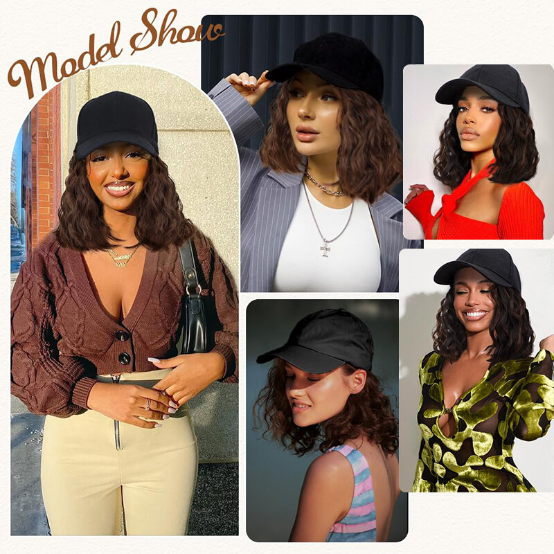 Baseball Hat Black White Red Cap with Hair Long Wavy Wigs Bucket Hat for Women