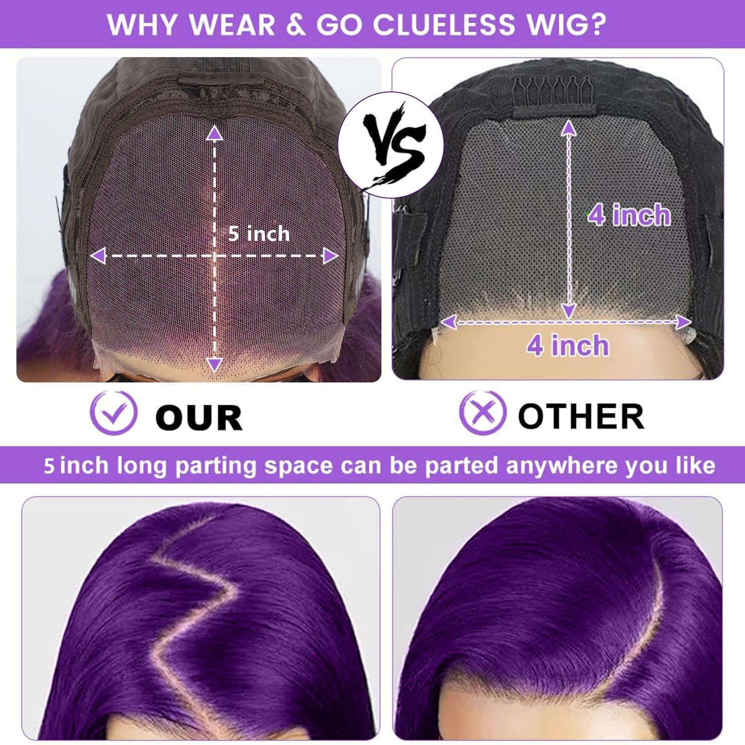 5×5 Purple Body Wave Lace Frontal Wig – 200% Density, HD Transparent, 22″ Human