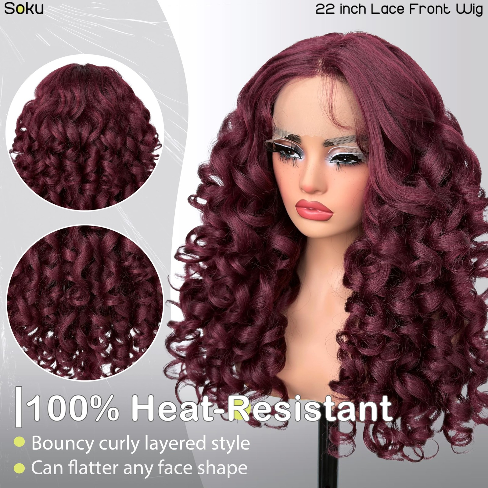 Soku Curly Lace Frontal Wigs For Black Women Long Wavy Red Burgundy Glueless