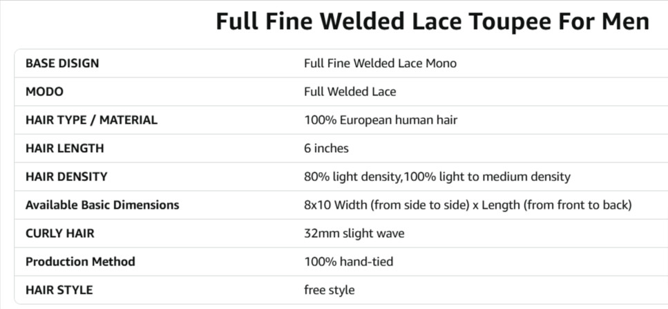 Men’s Toupee Lace Hair System – Fine Welded Lace – 2# DARKEST BROWN 100% Density