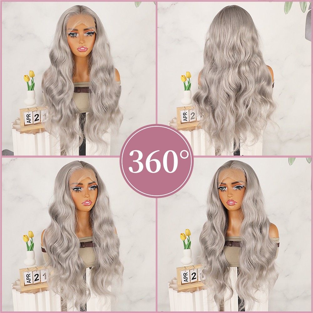 Long Wavy Gray Heat Resistant Lace Front Wig Glueless Body Wave Natural Hairline