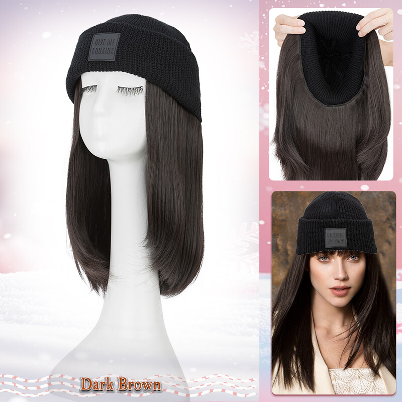 Long Wavy Hat Wigs Cap with Hair Connect Winter Warm Knitted Beanie Hat Straight