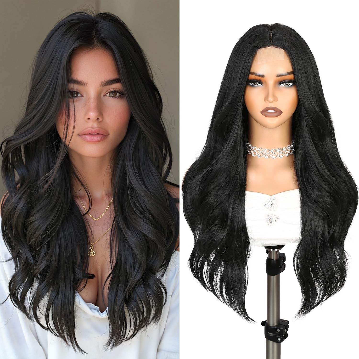 Long Wavy Layered Wig for Women Black Middle Part Curly Wavy Wigs 24 Inch Nat…