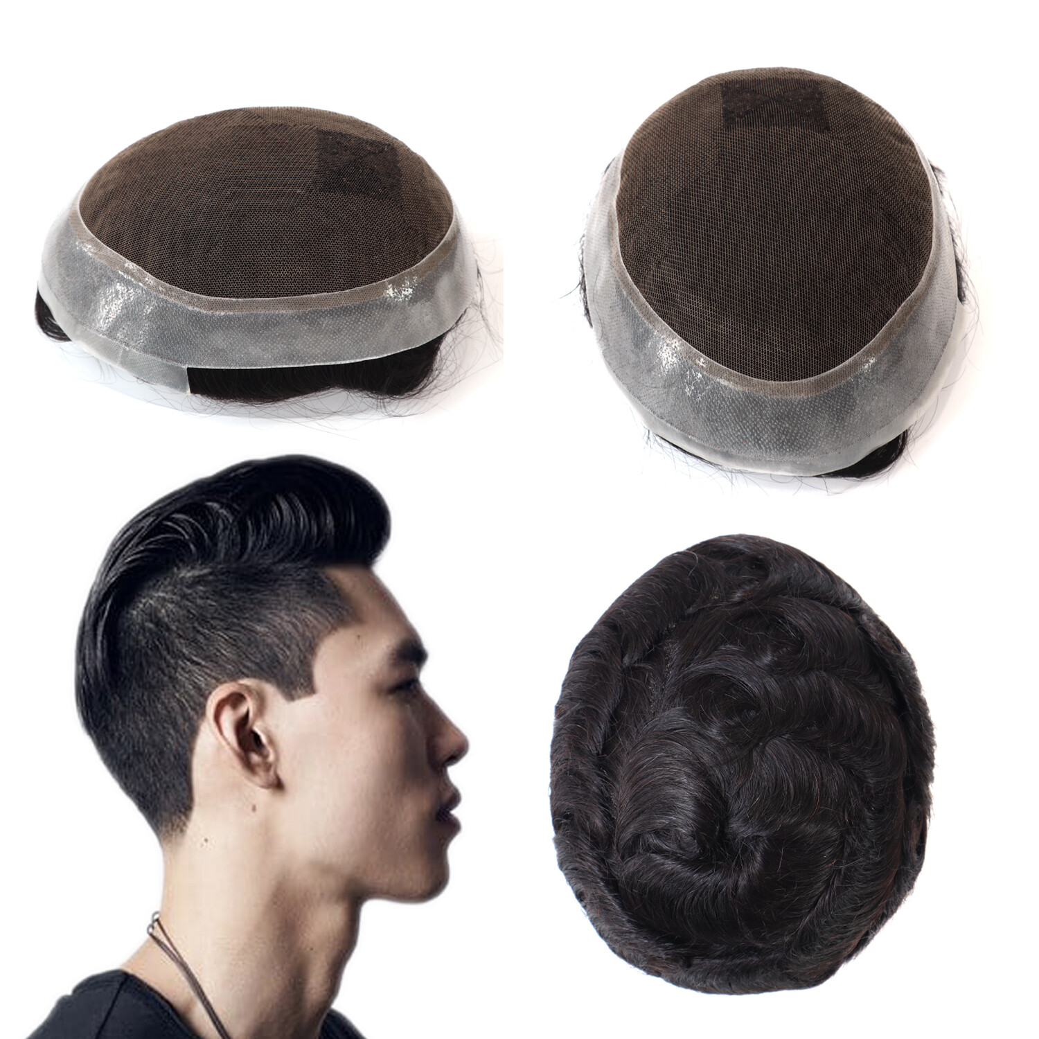 Natural Men Toupee Human Hair Replacement System Poly Skin French Lace Hairpiece