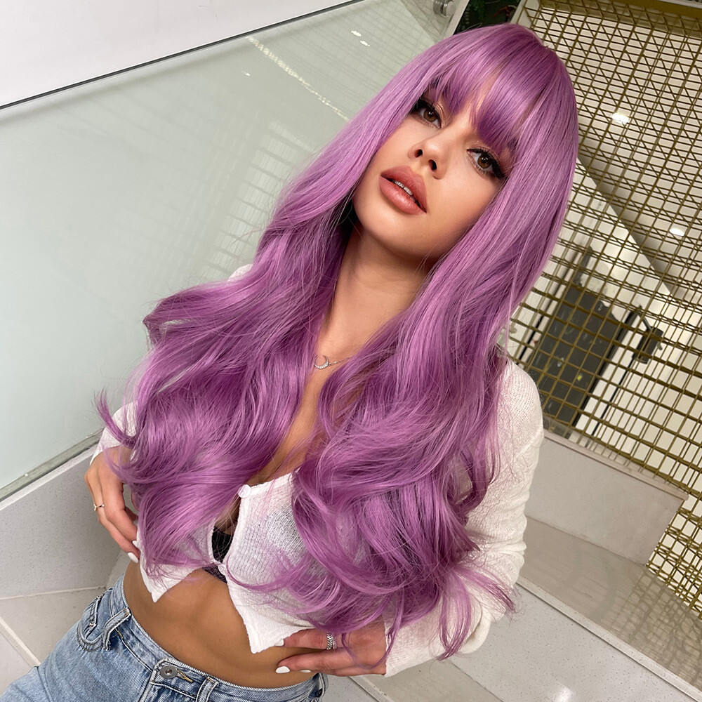 1 Set Long Wigs Lace Front with Bangs Wave Synthetic Hairs Tousy Curl Natural