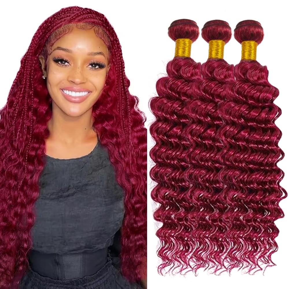 Burgundy Human Hair Bundles 99J Deep Wave 3 Bundles 16 18 20 inch 8A Brazilian U