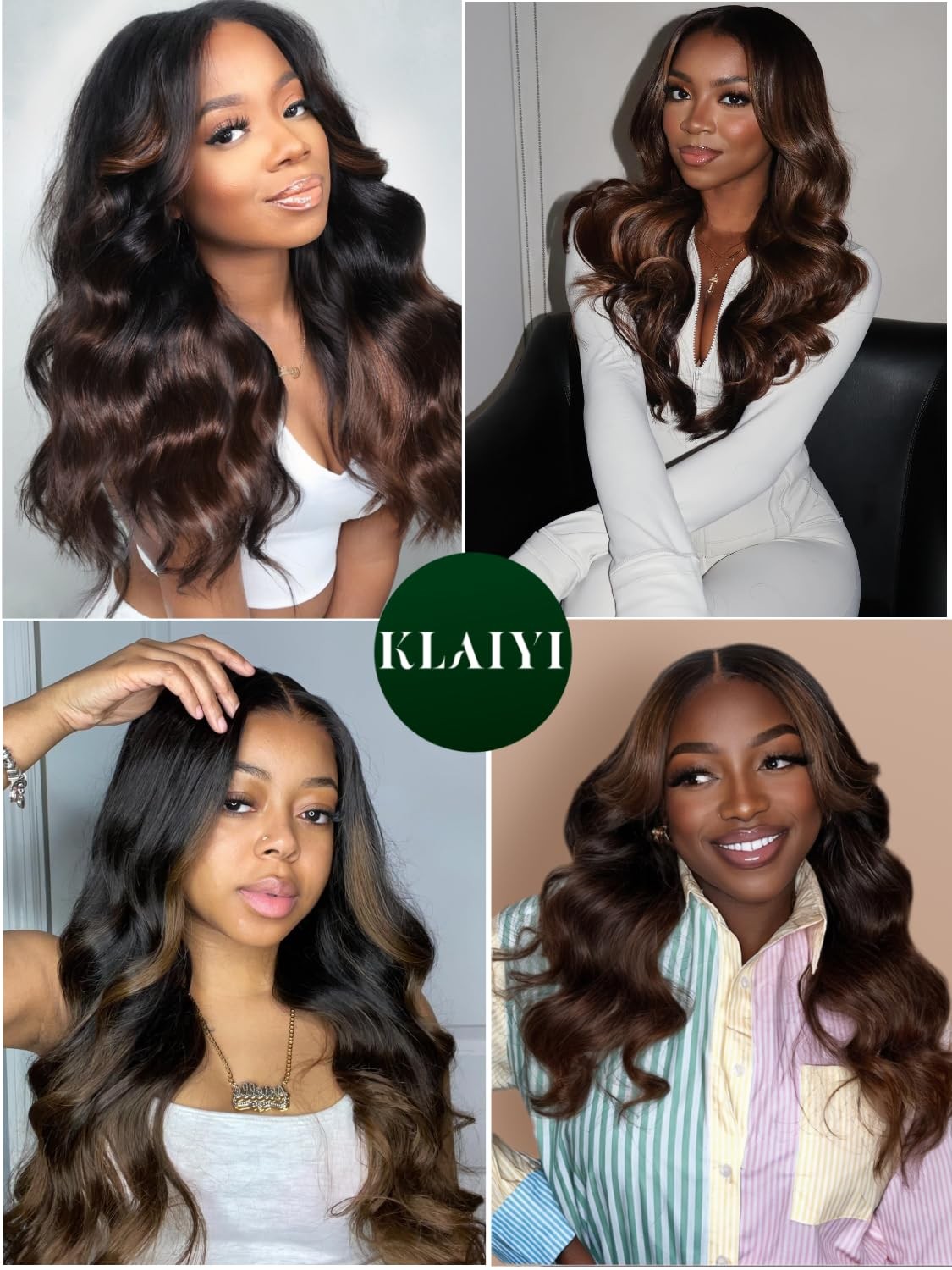 KLAIYI Ombre Brown Body Wave Bundles 100% Human Hair Extensions with Dark Roots