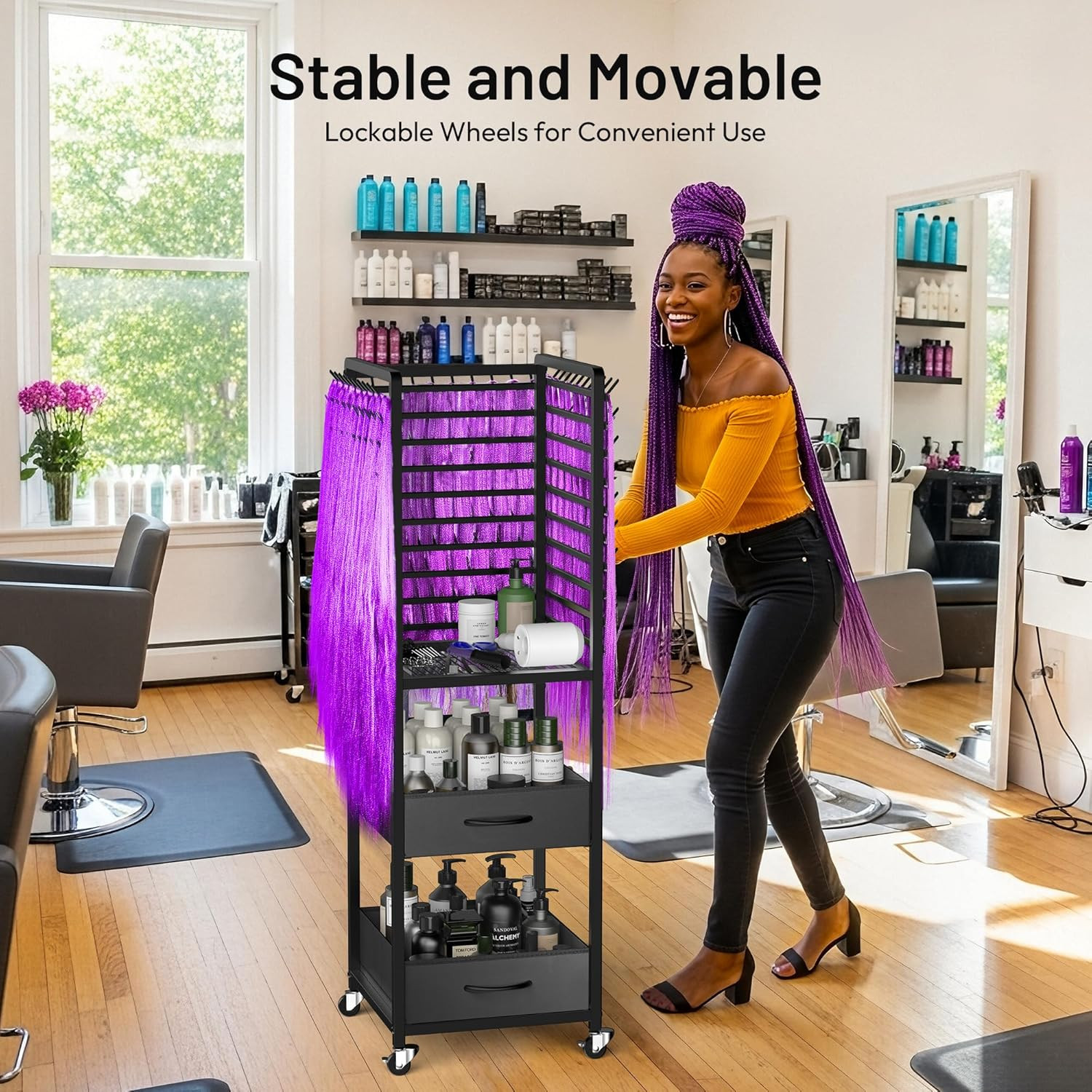 300 Pegs Braiding Rack with Large Drawers, 3-Sided Hair Rack with Wheels and 16