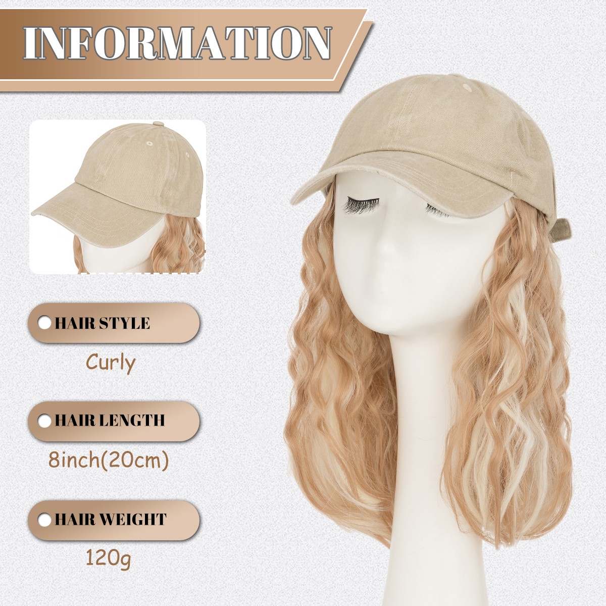 Baseball Cap Hat Hair Wig with 8″ Synthetic Wavy Curly Hair Adjustable Cap Wig