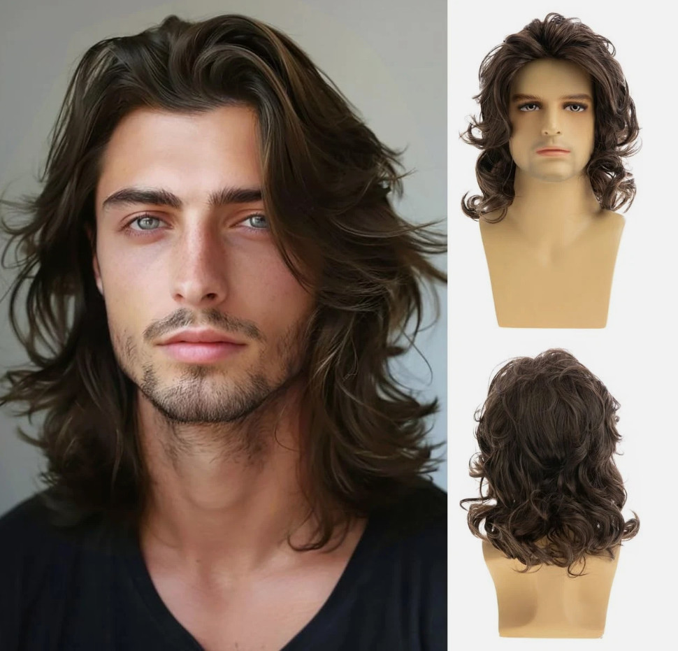Dsimeig Mens Brown Layered Wavy Wig Shoulder Length Synthetic Heat Resistant Wig