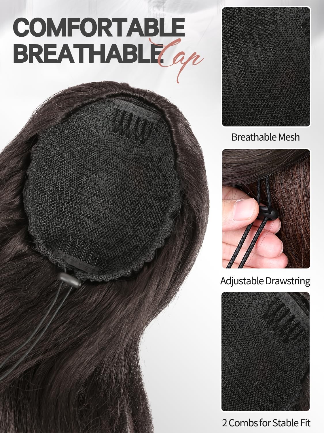 Ponytail Extension 26 Inch Dark Brown Wavy Layered Drawstring – Easy to Install