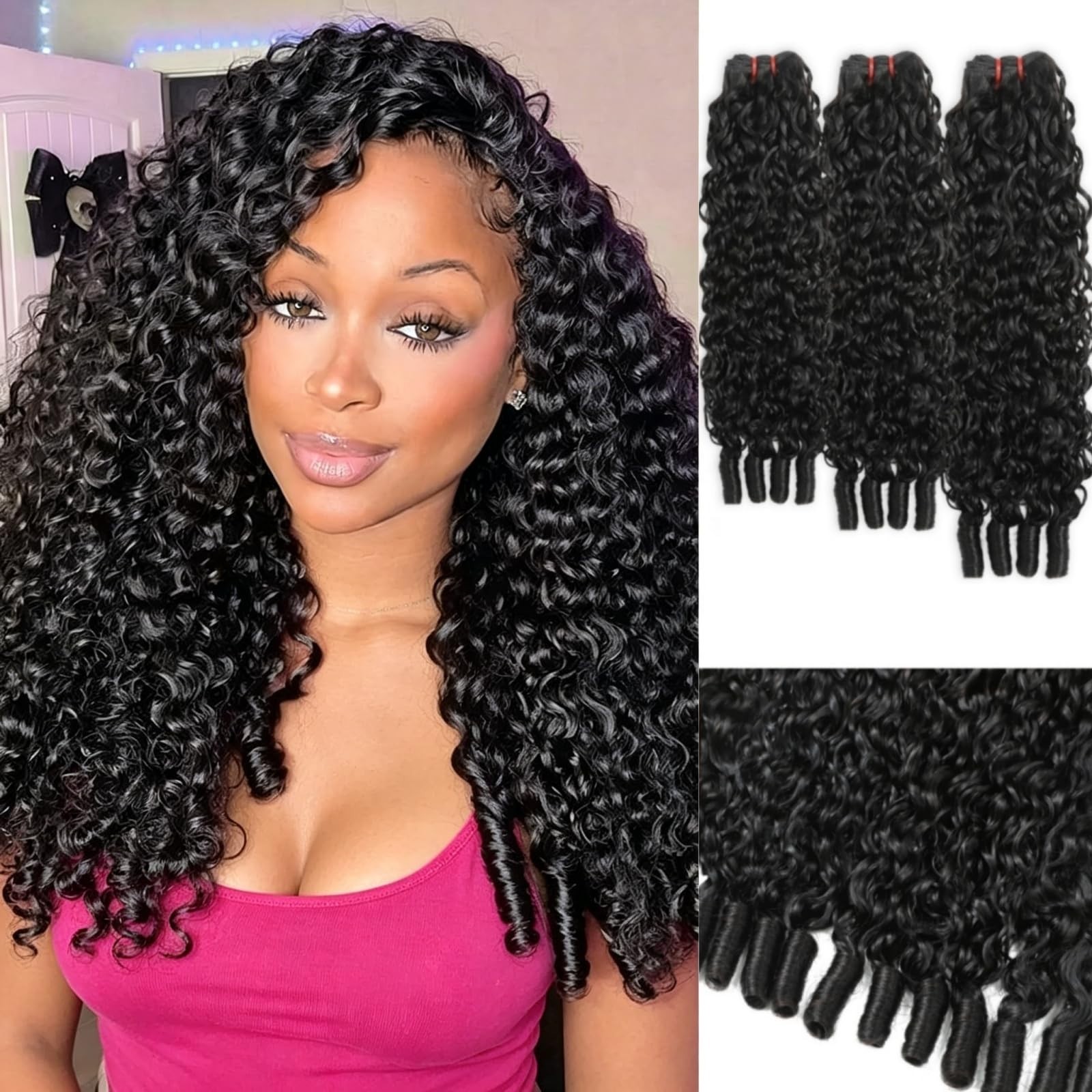 16-20 Inch Burmese Curly Hair Bundles – 3 Pack Water Wave Spiral Curls, Natural