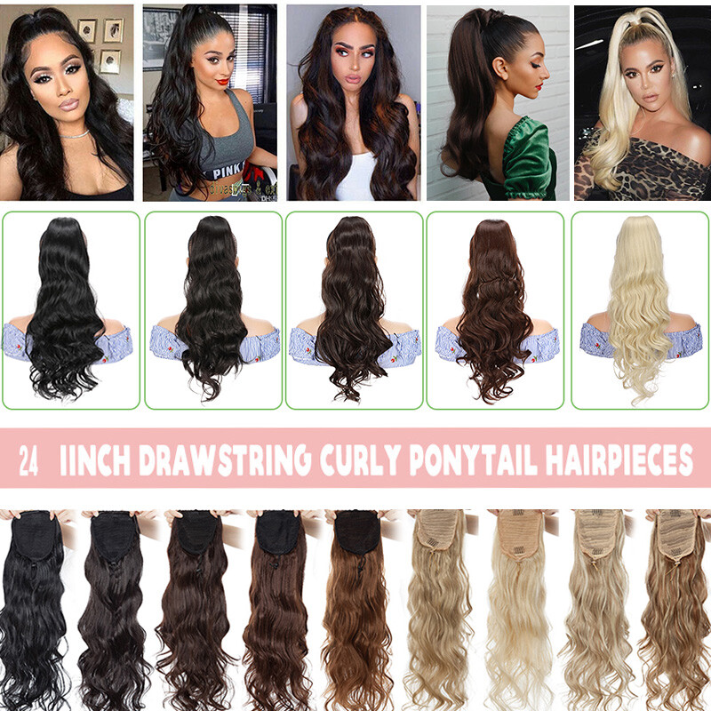 Synthetic Long Drawstring Clip in Ponytail Hair Extensions Natural Curly Wavy US